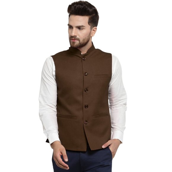 Sleeveless Traditional Jute Fabric Chocolate Brown Nehru Jacket by Treemoda - Picture 1 of 5
